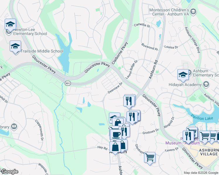 map of restaurants, bars, coffee shops, grocery stores, and more near 43714 Cadbury Terrace in Ashburn