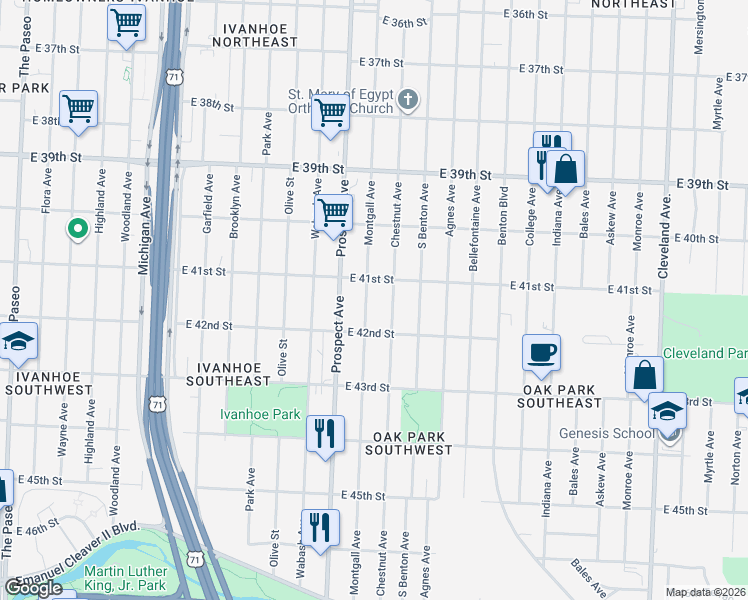 map of restaurants, bars, coffee shops, grocery stores, and more near 4121 Montgall Avenue in Kansas City