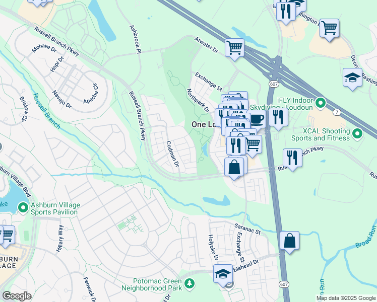 map of restaurants, bars, coffee shops, grocery stores, and more near 44577 Yarmouth Drive in Ashburn