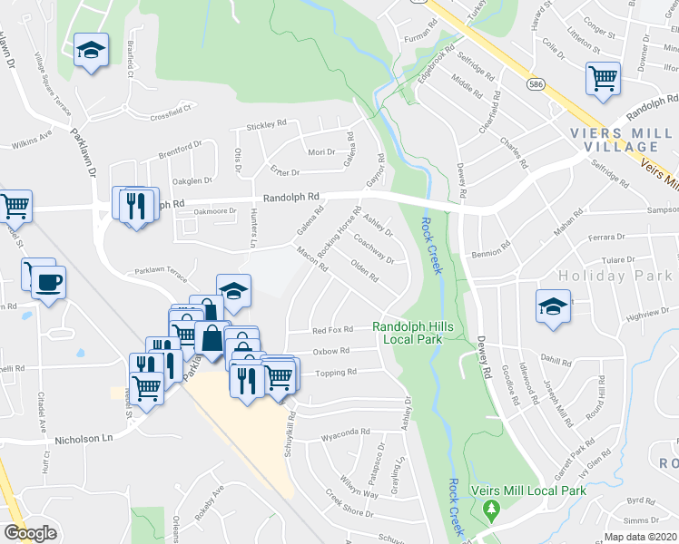 map of restaurants, bars, coffee shops, grocery stores, and more near 4807 Macon Road in Rockville