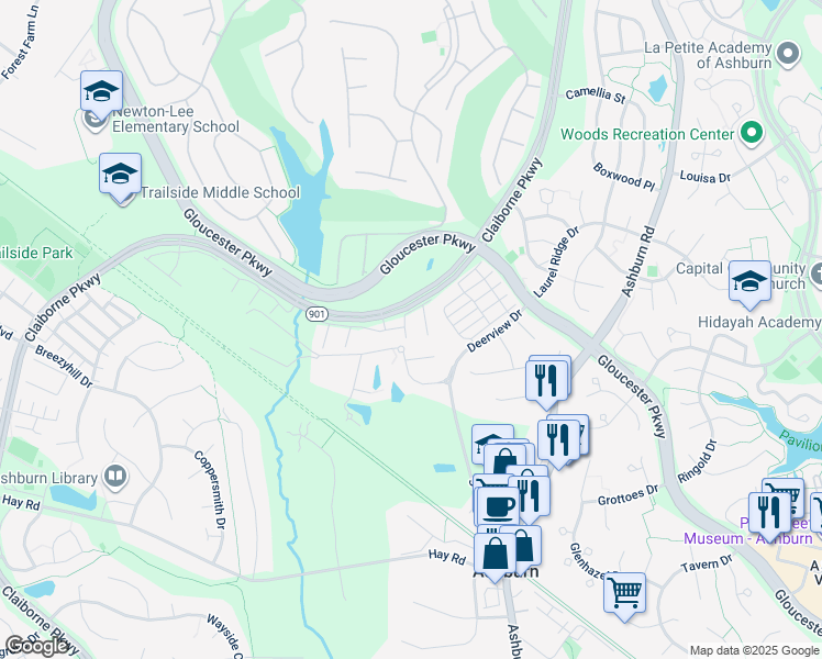 map of restaurants, bars, coffee shops, grocery stores, and more near 20432 Homeland Terrace in Ashburn