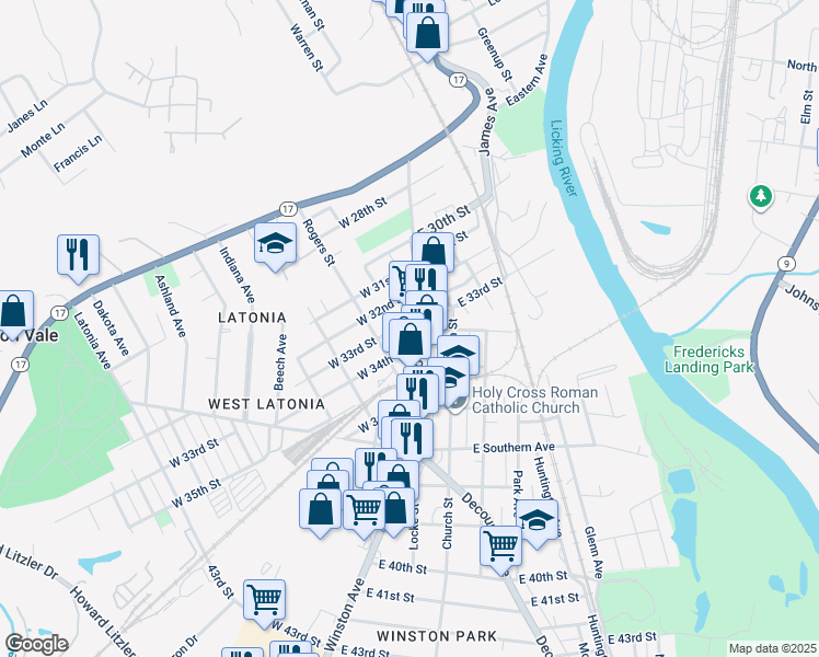 map of restaurants, bars, coffee shops, grocery stores, and more near 13 West 33rd Street in Covington