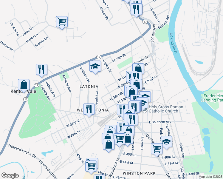 map of restaurants, bars, coffee shops, grocery stores, and more near 202 West 32nd Street in Covington