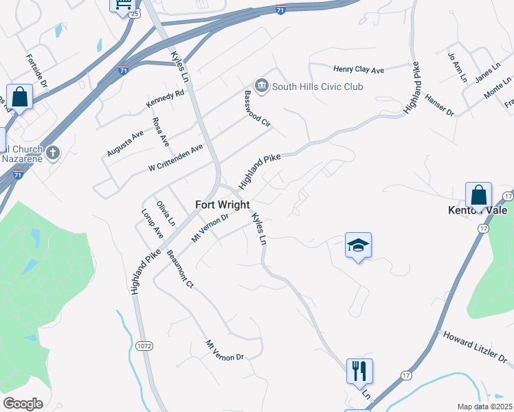 map of restaurants, bars, coffee shops, grocery stores, and more near 515 Fincastle Lane in Fort Wright