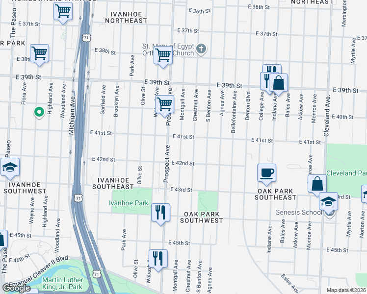 map of restaurants, bars, coffee shops, grocery stores, and more near 4121 Montgall Avenue in Kansas City
