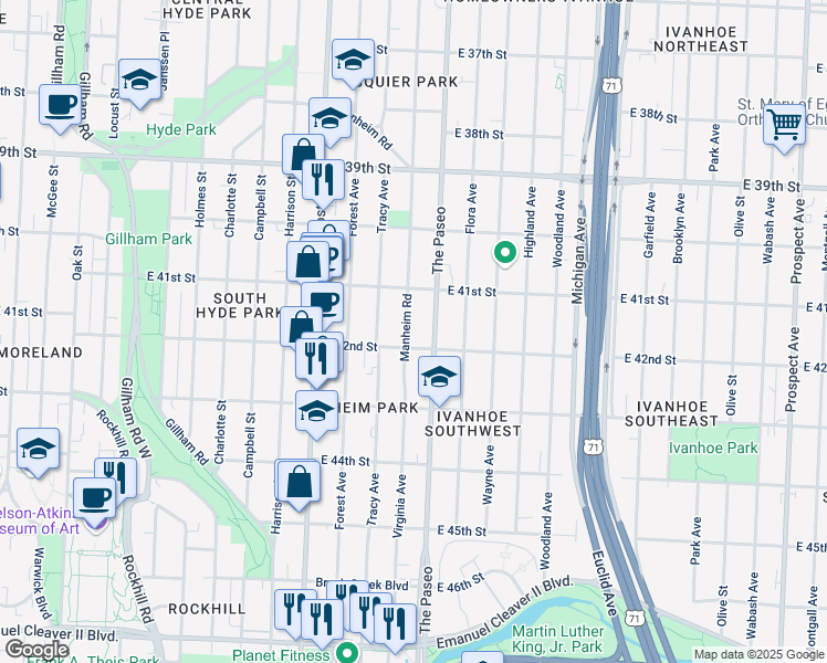 map of restaurants, bars, coffee shops, grocery stores, and more near 4138 Virginia Avenue in Kansas City