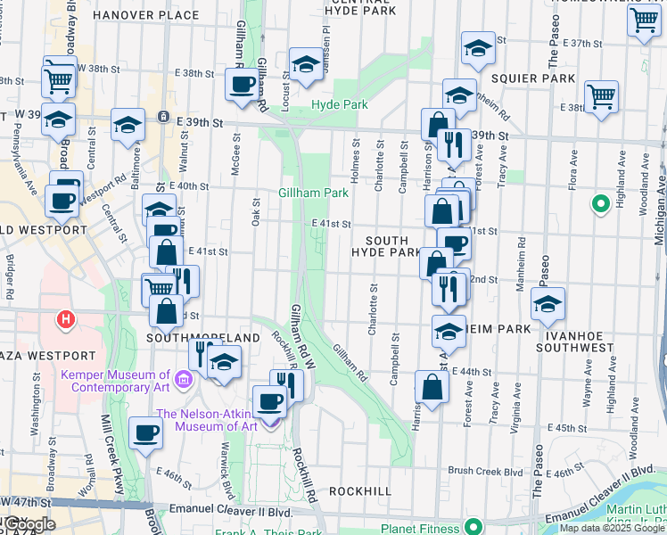 map of restaurants, bars, coffee shops, grocery stores, and more near 4147 Kenwood Avenue in Kansas City