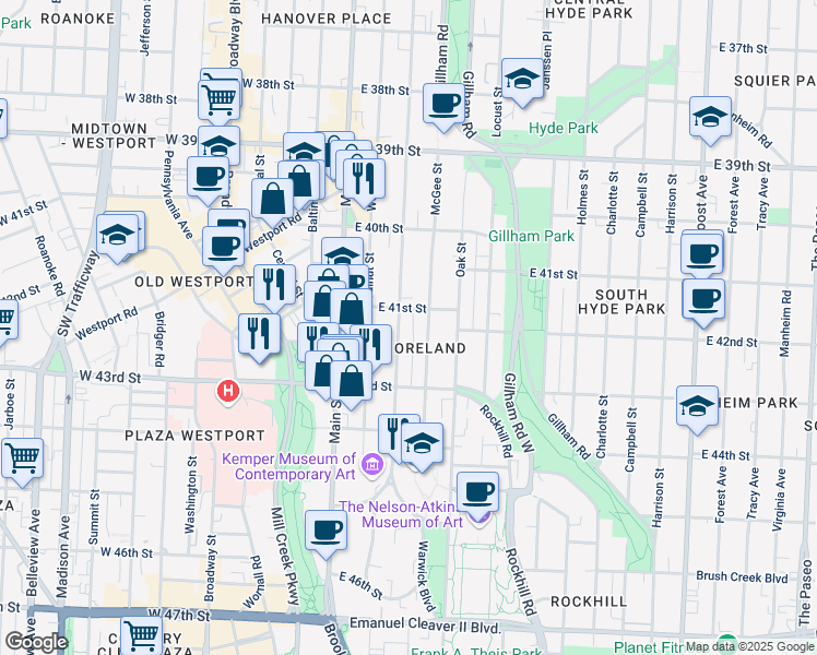 map of restaurants, bars, coffee shops, grocery stores, and more near 4111 Warwick Boulevard in Kansas City