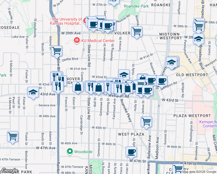 map of restaurants, bars, coffee shops, grocery stores, and more near 4231 Genessee Street in Kansas City