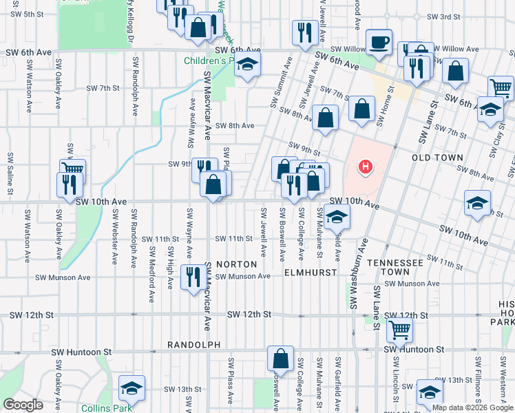 map of restaurants, bars, coffee shops, grocery stores, and more near 2101 Southwest 10th Street in Topeka