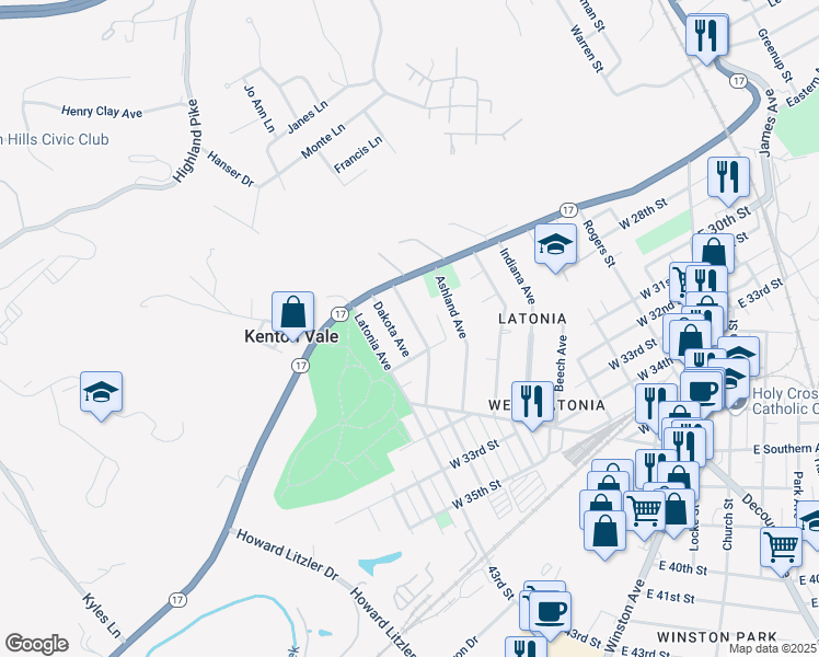 map of restaurants, bars, coffee shops, grocery stores, and more near 2739 Alexandria Avenue in Covington