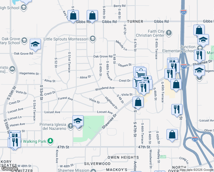 map of restaurants, bars, coffee shops, grocery stores, and more near 4814 Woodend Avenue in Kansas City