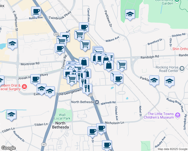 map of restaurants, bars, coffee shops, grocery stores, and more near 11801 Rockville Pike in North Bethesda