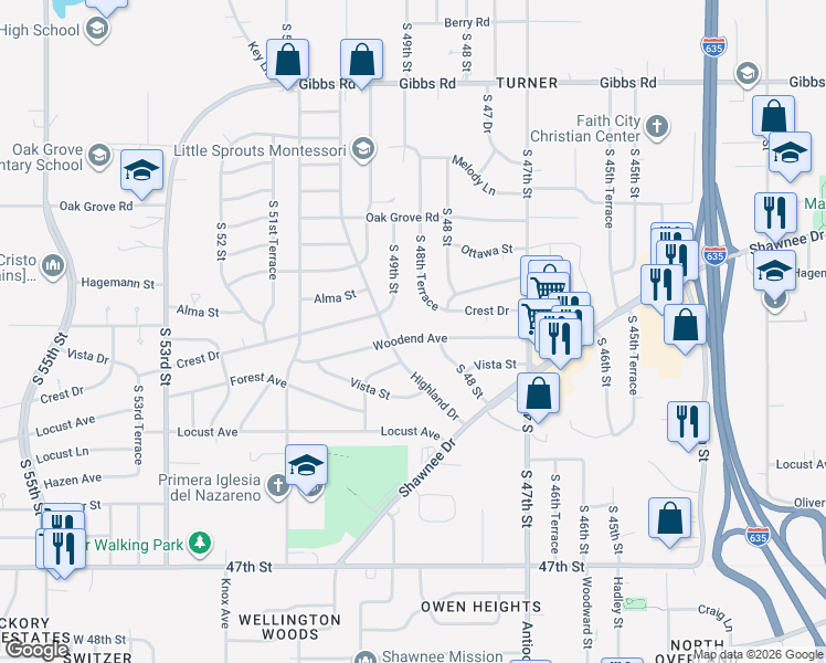 map of restaurants, bars, coffee shops, grocery stores, and more near 4814 Woodend Avenue in Kansas City