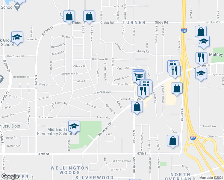 map of restaurants, bars, coffee shops, grocery stores, and more near 4770 Woodend Avenue in Kansas City