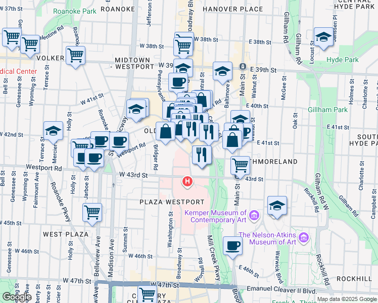 map of restaurants, bars, coffee shops, grocery stores, and more near 4180 Pennsylvania Avenue in Kansas City