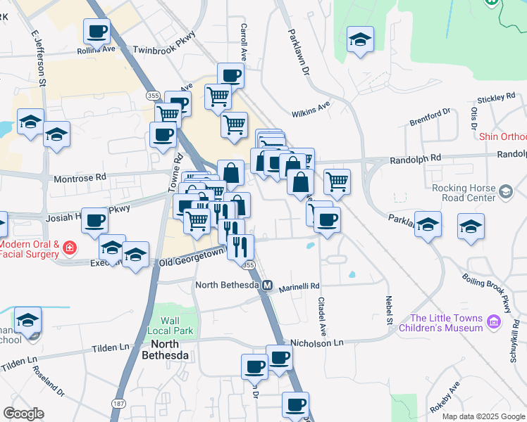 map of restaurants, bars, coffee shops, grocery stores, and more near 11801 Rockville Pike in Rockville