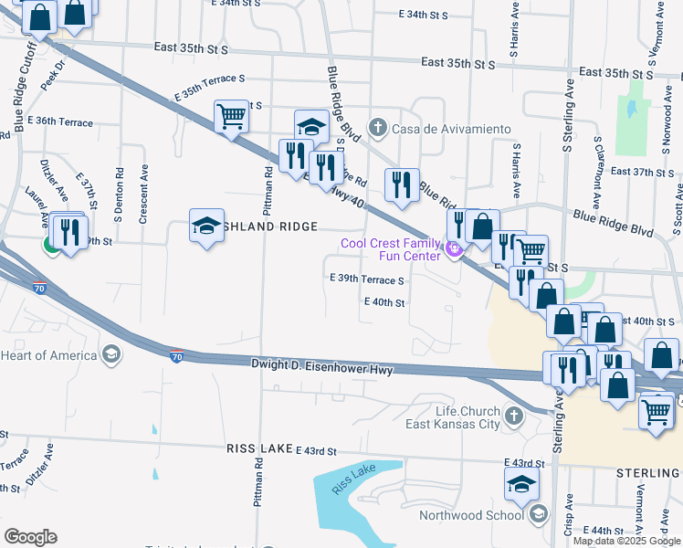 map of restaurants, bars, coffee shops, grocery stores, and more near 10314 East 39th Terrace South in Kansas City