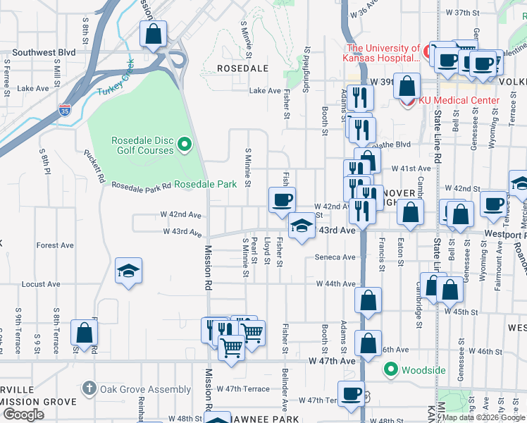 map of restaurants, bars, coffee shops, grocery stores, and more near 4204 Lloyd Street in Kansas City