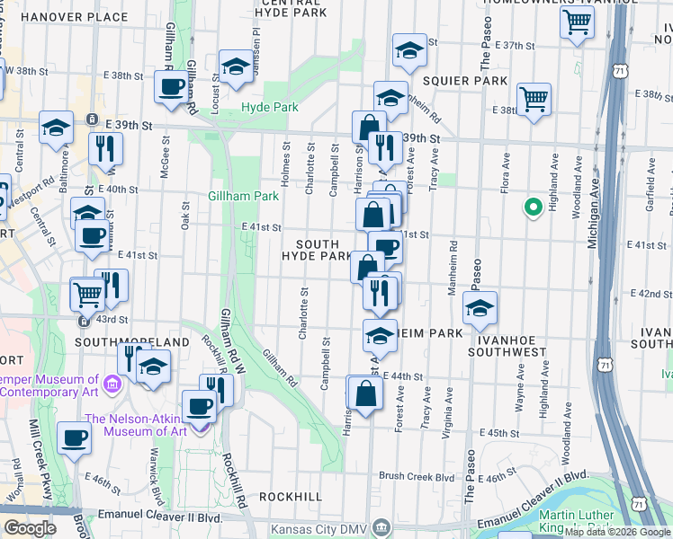 map of restaurants, bars, coffee shops, grocery stores, and more near 4144 Campbell Street in Kansas City