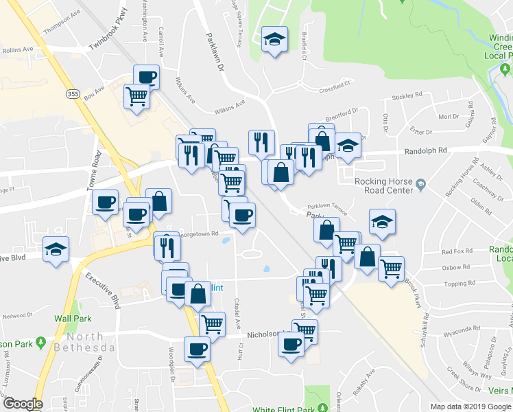 map of restaurants, bars, coffee shops, grocery stores, and more near 12041 Nebel Street in North Bethesda