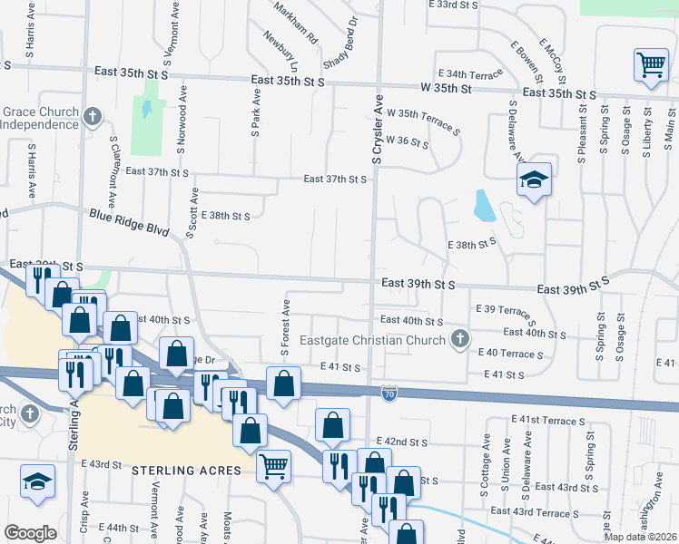 map of restaurants, bars, coffee shops, grocery stores, and more near 3831 South Fuller Avenue in Independence