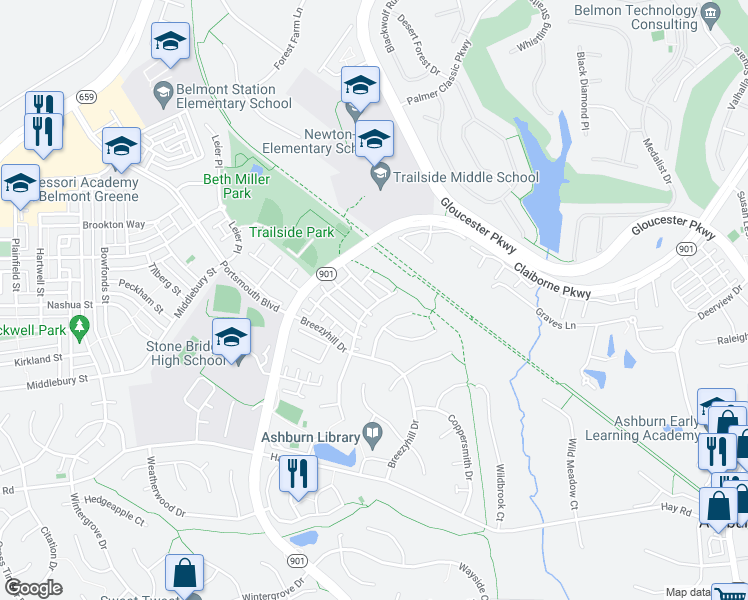 map of restaurants, bars, coffee shops, grocery stores, and more near 20435 Alderleaf Terrace in Ashburn