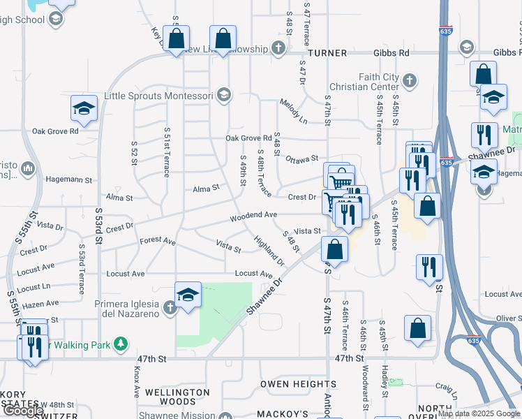 map of restaurants, bars, coffee shops, grocery stores, and more near 4814 Woodend Ave in Kansas City
