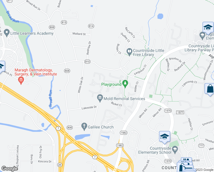 map of restaurants, bars, coffee shops, grocery stores, and more near 18 Quincy Court in Sterling
