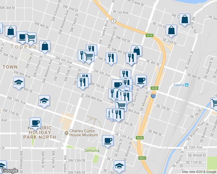 map of restaurants, bars, coffee shops, grocery stores, and more near 222 Southwest 7th Street in Topeka