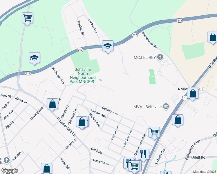map of restaurants, bars, coffee shops, grocery stores, and more near 11703 Heartwood Drive in Beltsville