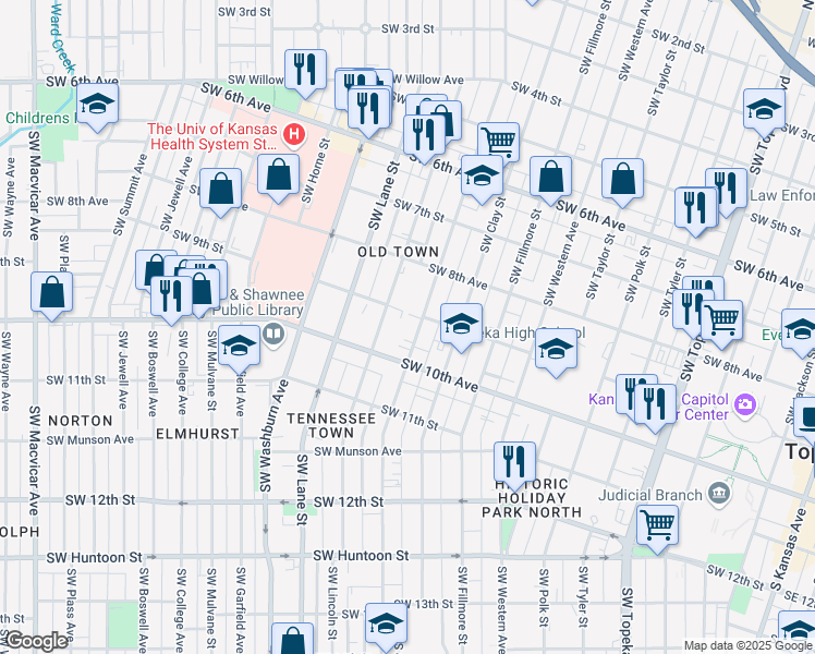map of restaurants, bars, coffee shops, grocery stores, and more near 915 Southwest Buchanan Street in Topeka