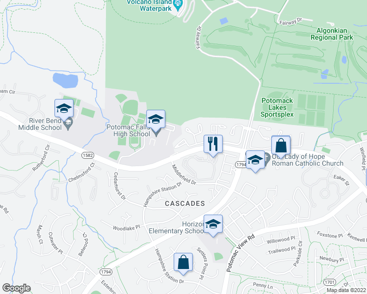 map of restaurants, bars, coffee shops, grocery stores, and more near 46519 Lynnhaven Square in Sterling