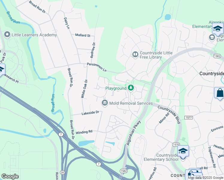 map of restaurants, bars, coffee shops, grocery stores, and more near 18 Quincy Court in Sterling
