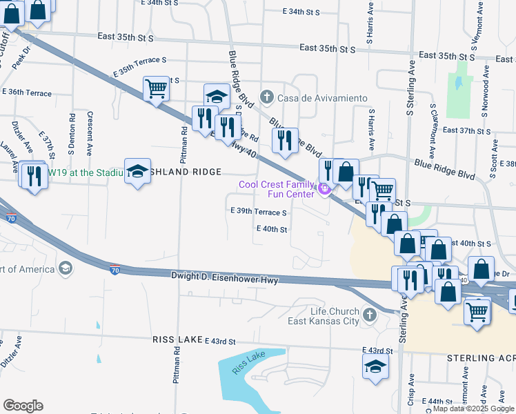 map of restaurants, bars, coffee shops, grocery stores, and more near 10402 East 39th Terrace South in Kansas City