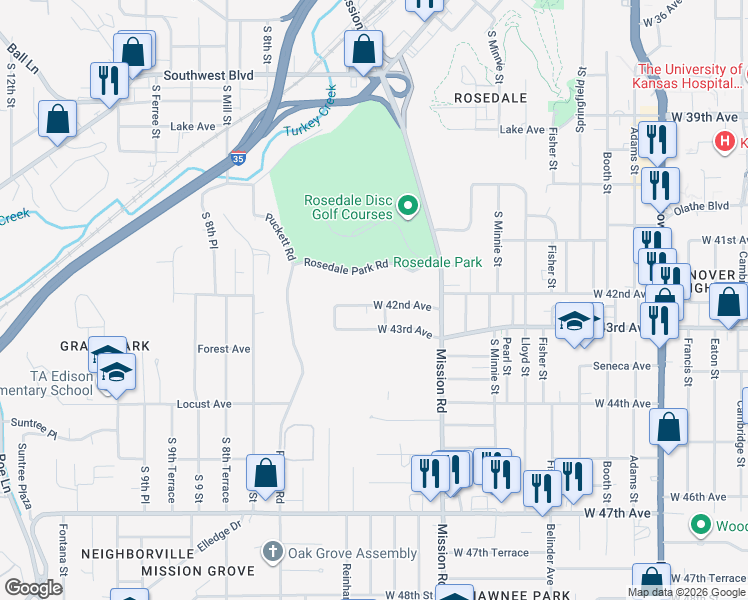 map of restaurants, bars, coffee shops, grocery stores, and more near 3216 West 42nd Avenue in Kansas City