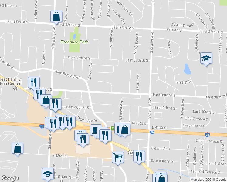 map of restaurants, bars, coffee shops, grocery stores, and more near 3849 South Vassar Avenue in Independence
