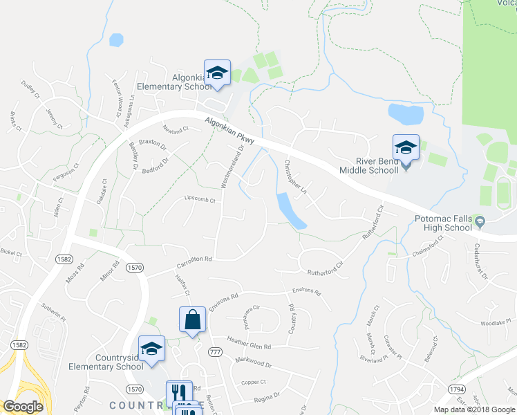 map of restaurants, bars, coffee shops, grocery stores, and more near 55 Carrollton Road in Sterling