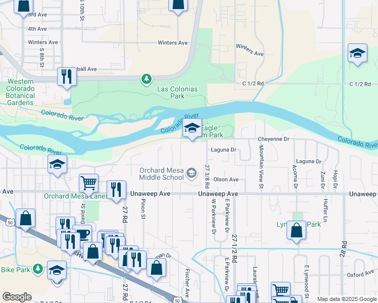 map of restaurants, bars, coffee shops, grocery stores, and more near 2736 C Road in Grand Junction