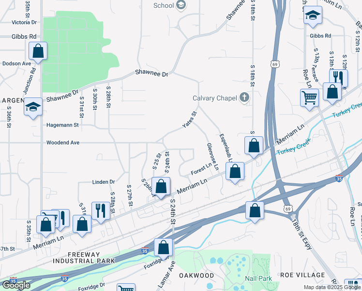 map of restaurants, bars, coffee shops, grocery stores, and more near 2310 Woodend Avenue in Kansas City