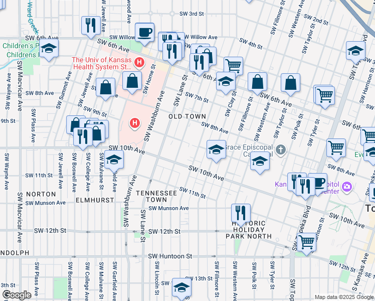 map of restaurants, bars, coffee shops, grocery stores, and more near 915 Southwest Buchanan Street in Topeka