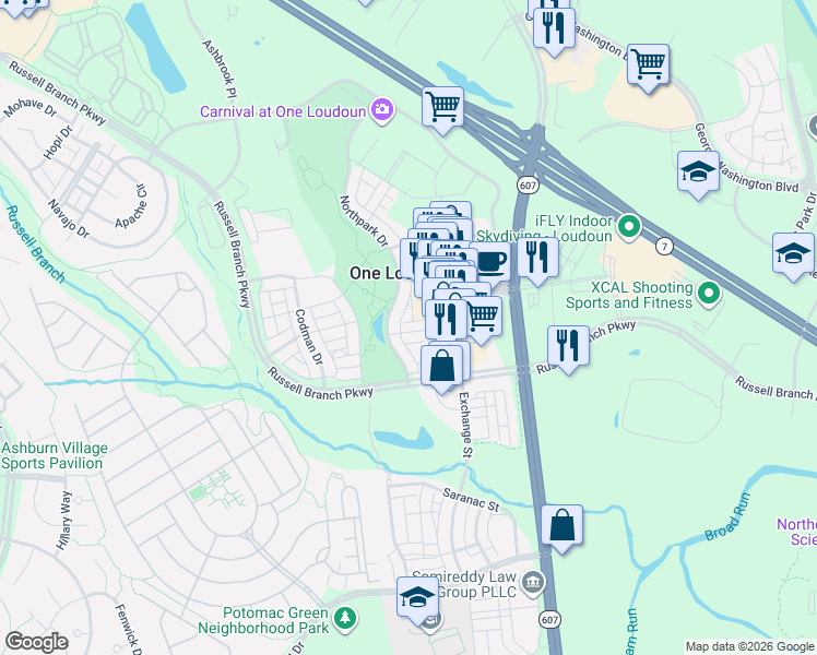 map of restaurants, bars, coffee shops, grocery stores, and more near 44654 Provincetown Drive in Ashburn