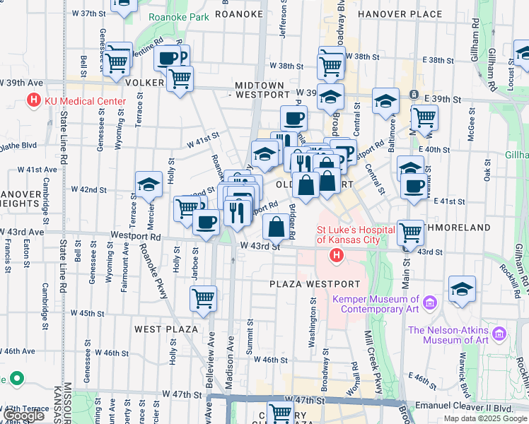 map of restaurants, bars, coffee shops, grocery stores, and more near 701 Westport Road in Kansas City