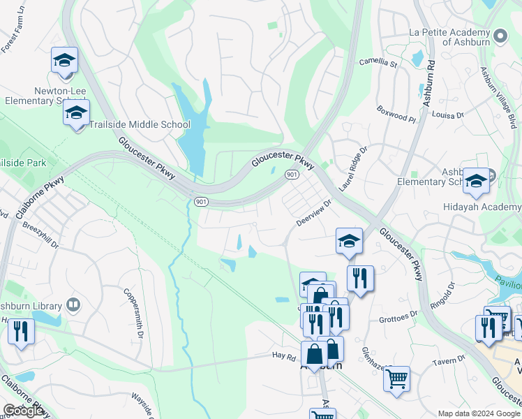 map of restaurants, bars, coffee shops, grocery stores, and more near 20428 Homeland Terrace in Ashburn