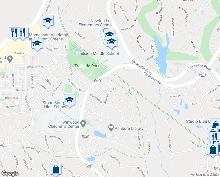 map of restaurants, bars, coffee shops, grocery stores, and more near 43343 Greyswallow Terrace in Ashburn
