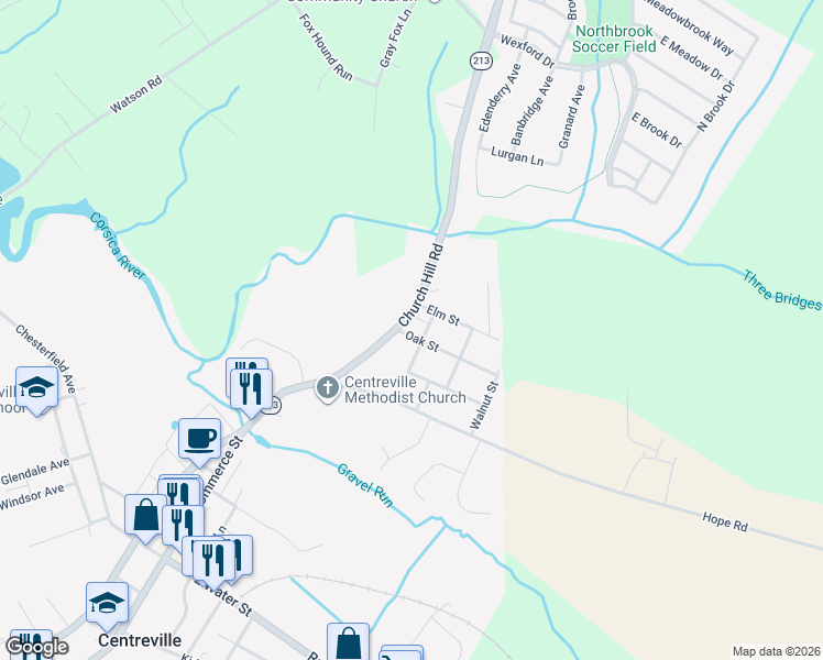 map of restaurants, bars, coffee shops, grocery stores, and more near 800 Church Hill Road in Centreville