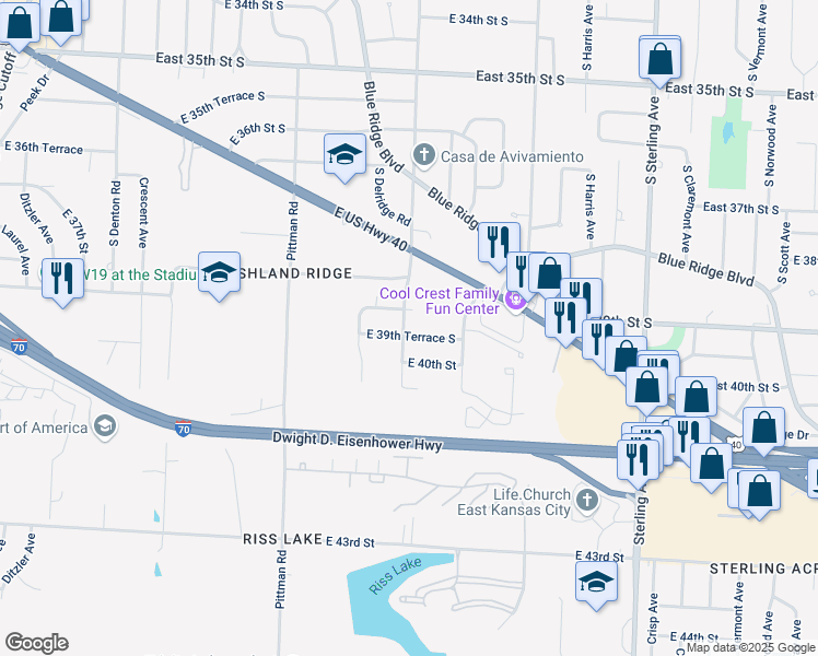 map of restaurants, bars, coffee shops, grocery stores, and more near 10402 East 39th Terrace South in Kansas City
