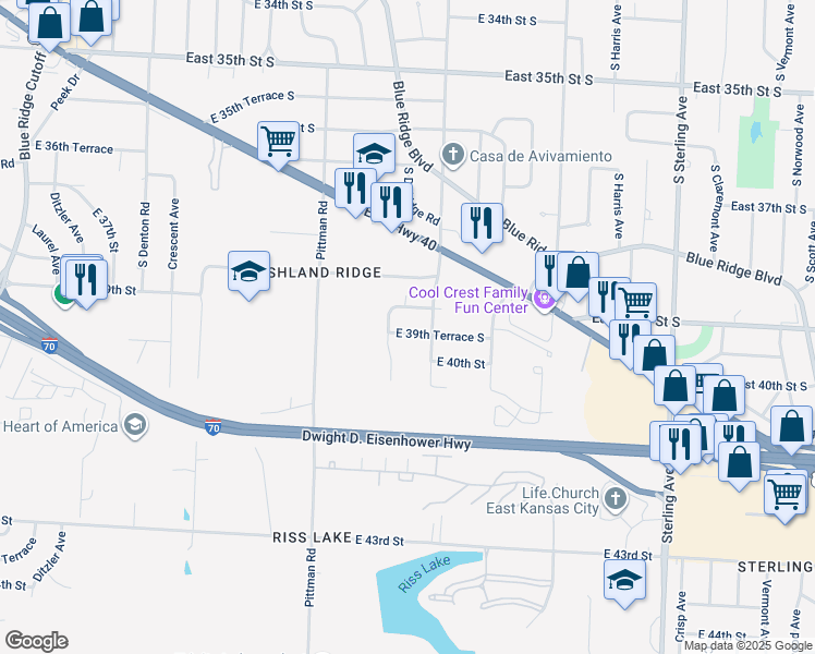 map of restaurants, bars, coffee shops, grocery stores, and more near 10314 East 39th Terrace South in Kansas City