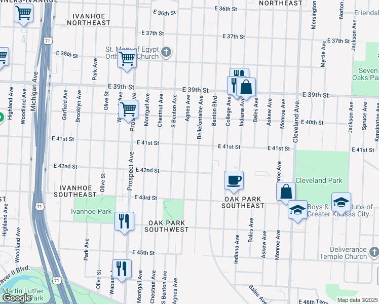 map of restaurants, bars, coffee shops, grocery stores, and more near 4118 Agnes Avenue in Kansas City
