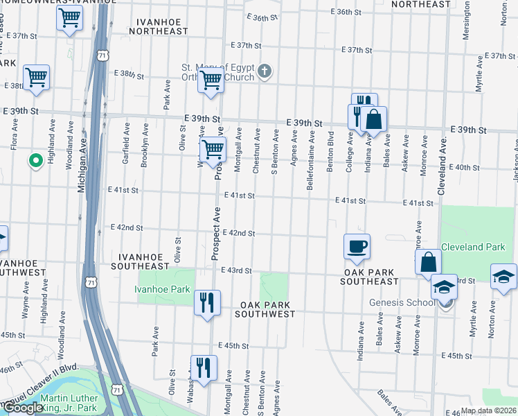 map of restaurants, bars, coffee shops, grocery stores, and more near 4119 Chestnut Avenue in Kansas City